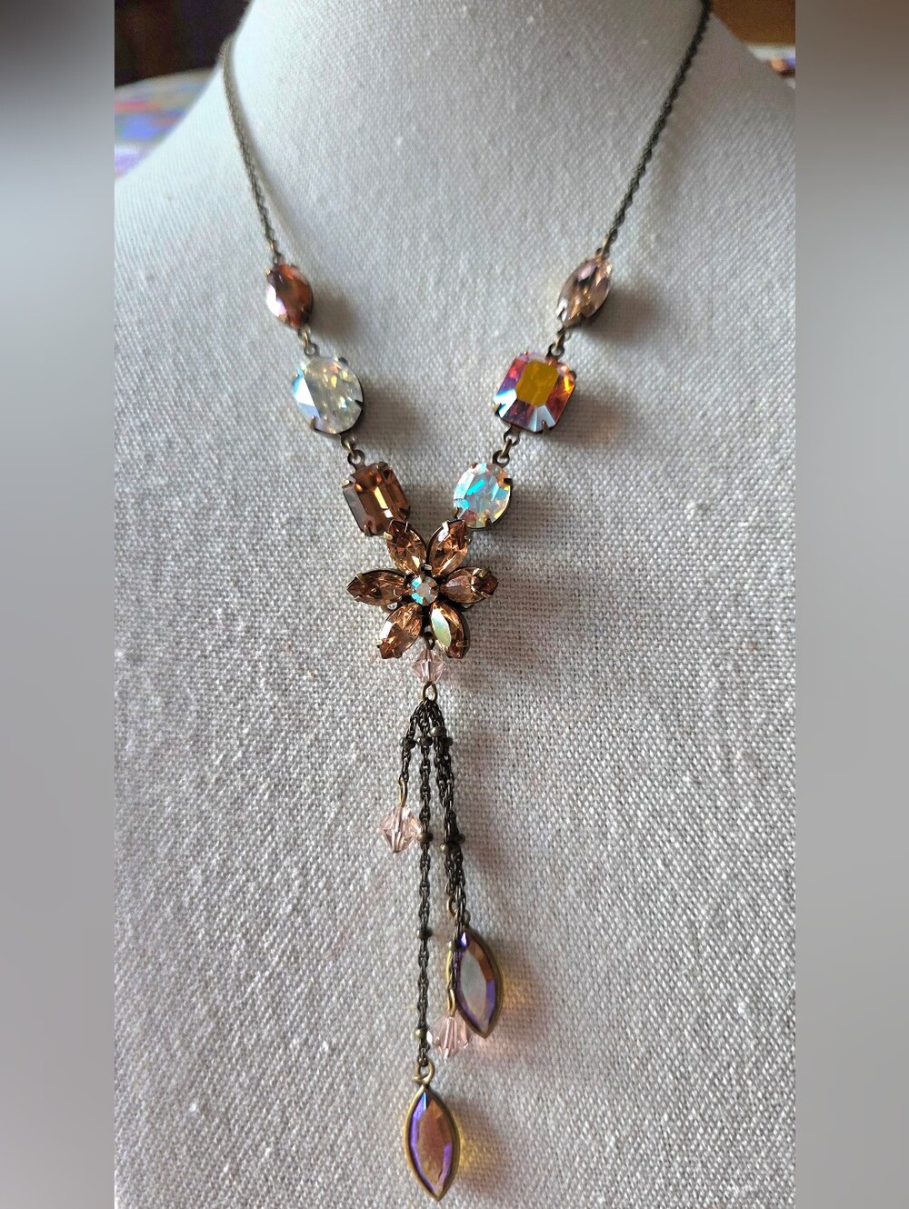 Liz Palacios Vintage Brass Swarovski Crystal Y-Drop Flower Necklace AB Brown